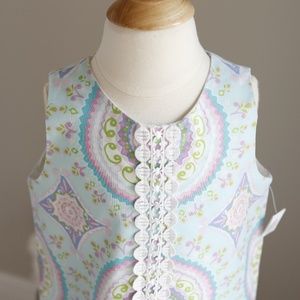 Aqua Blue Printed Cotton Shift Dress Size 6X Embroidered Lace The Bailey Boys